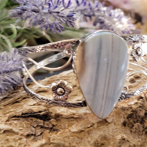 Wide Sterling Silver Cuff, Ocean Whisper Blue Agate Cuff Bracelet - Picture 9 of 10